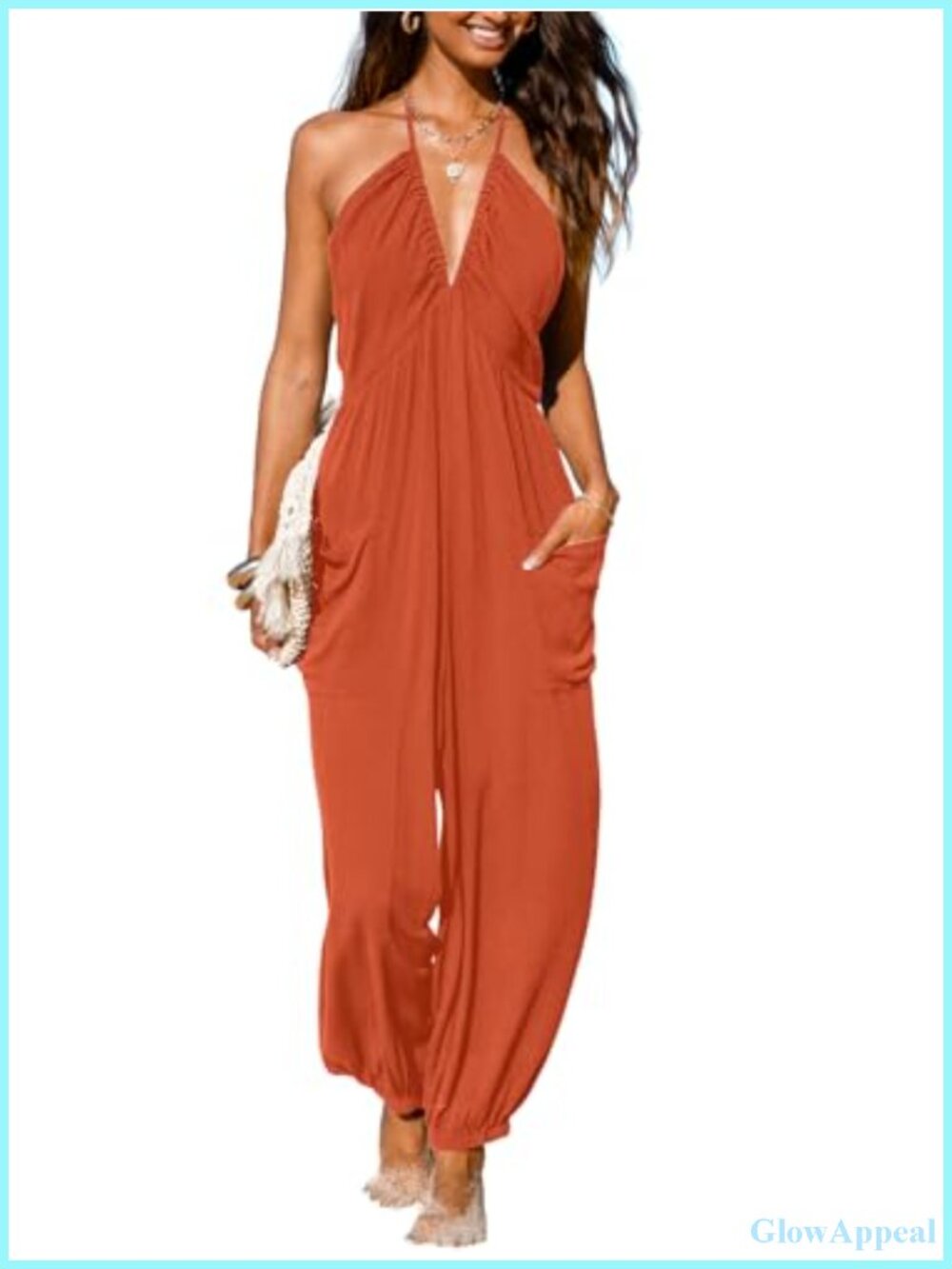 CUPSHE Women's Halter Neck Maxi Jumpsuit Sleeveless Wide Leg with Pockets